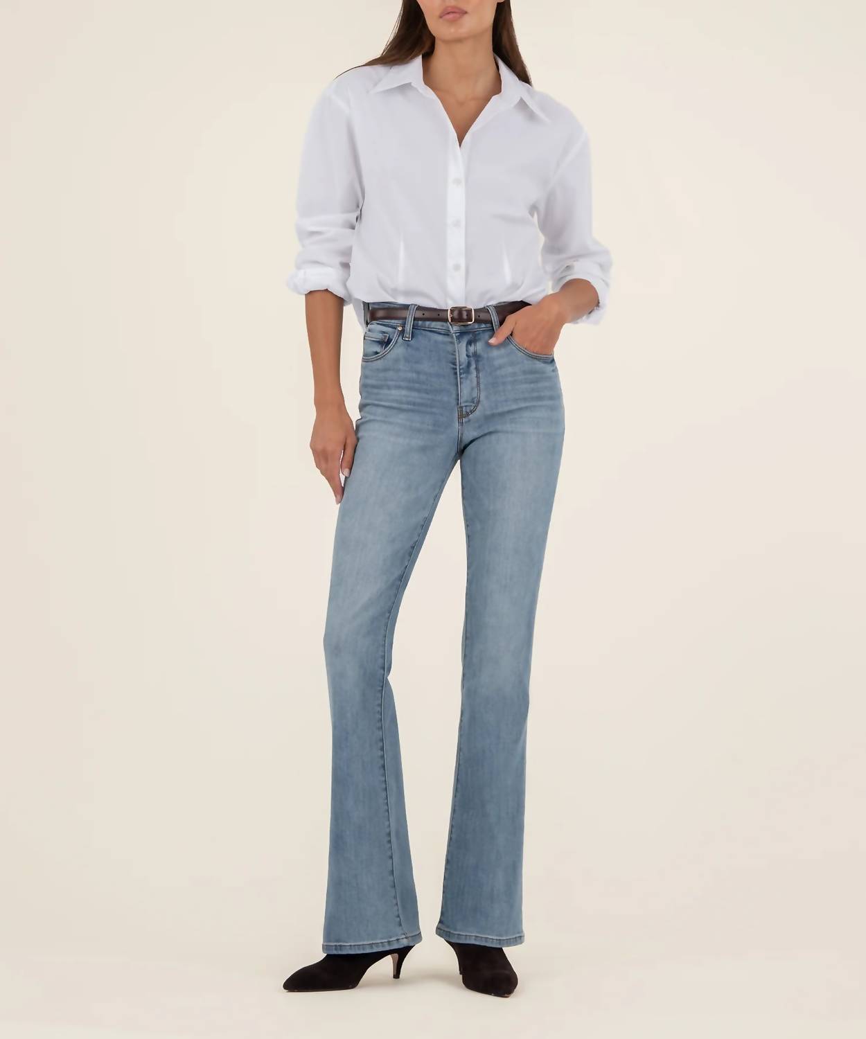 KUT FROM THE KLOTH High Rise Flare Pant in donate with medium base wash - women's pants