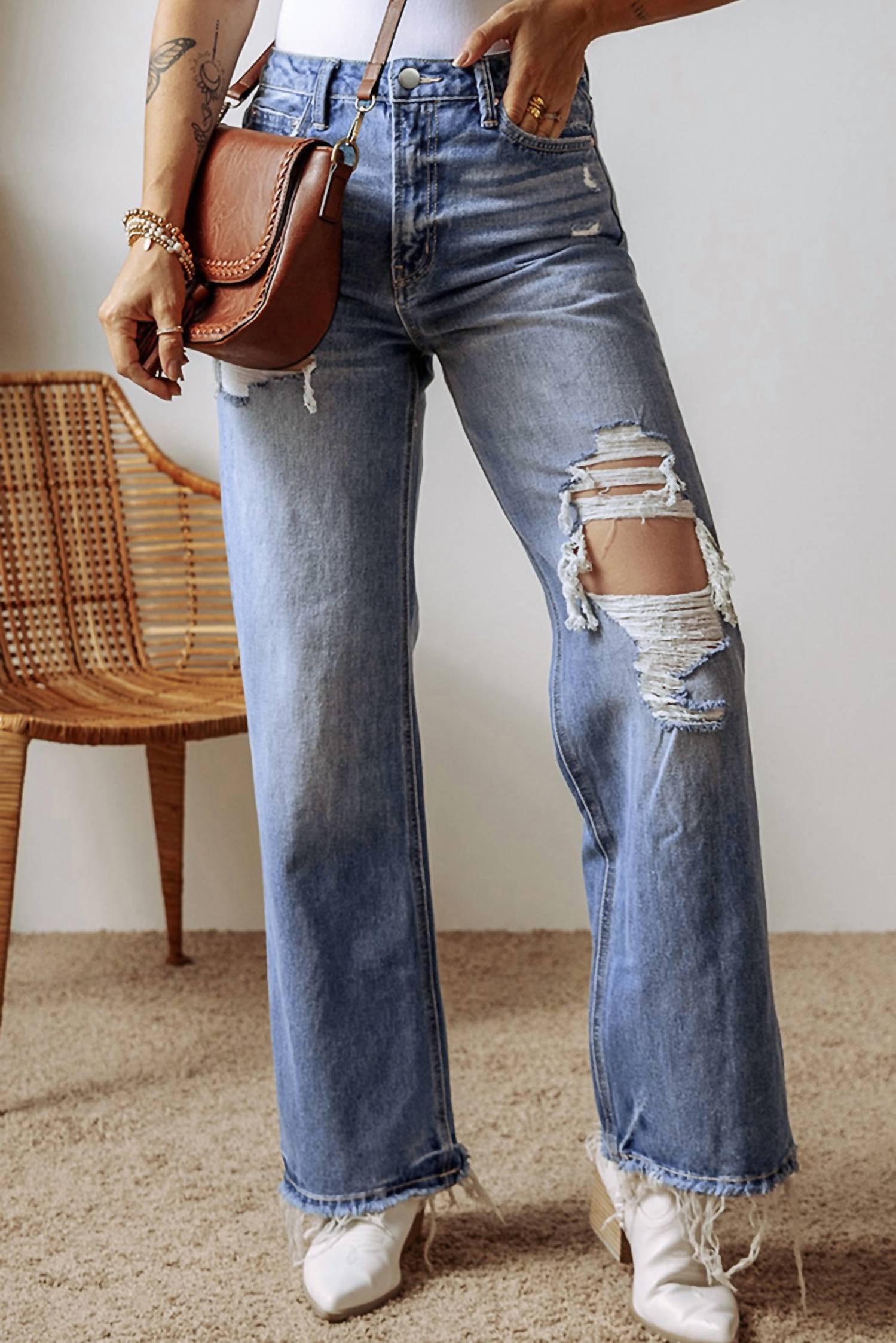 Threaded Pear - Distressed High Waist Straight Jeans
