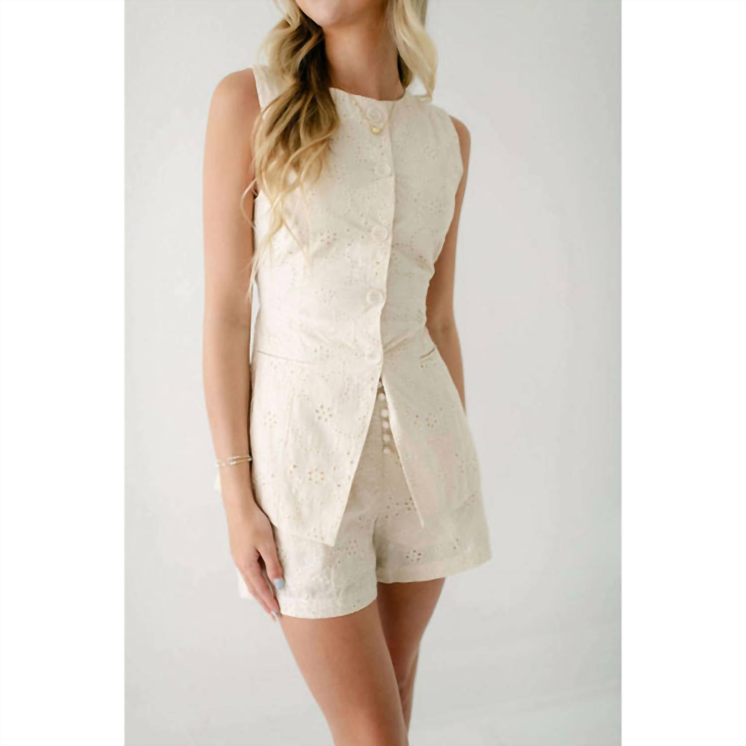 Karlie Neutral Eyelet Button Shorts in beige - women's shorts - view 4