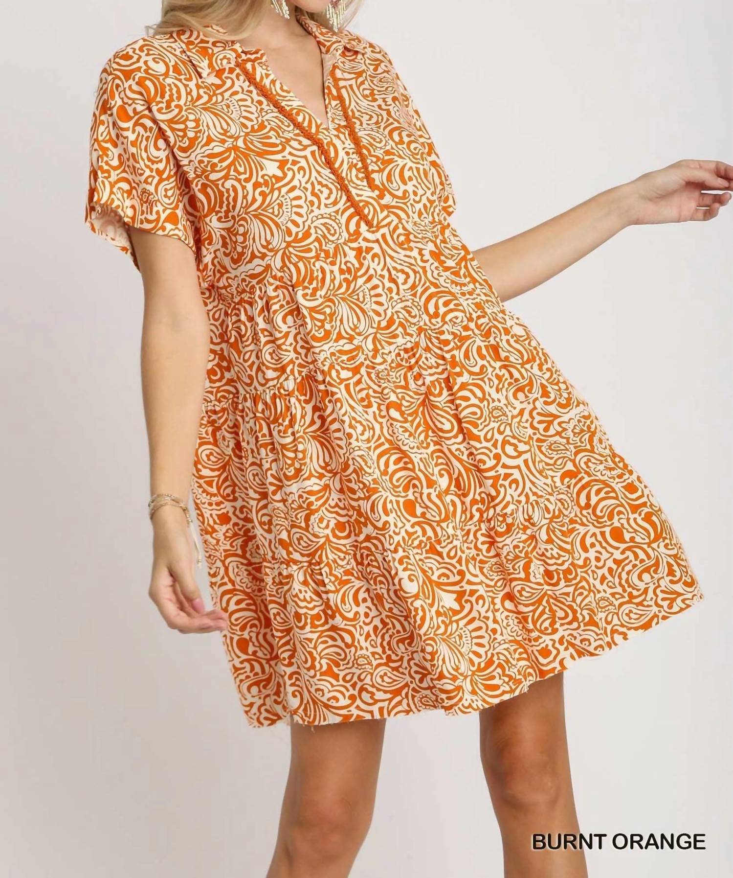 umgee Floral Paisley Mixed Print Tiered Dress in orange - women's dress