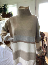 Before You - Women's Striped Turtleneck Two Tone Sweater Top