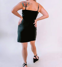 LENA Satin Mini Dress with Rhinestone Strap in black - women's dress - detail view