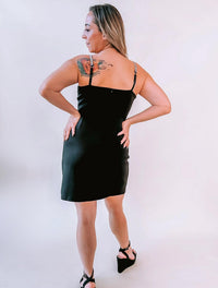 LENA Satin Mini Dress with Rhinestone Strap in black - women's dress - alternate view