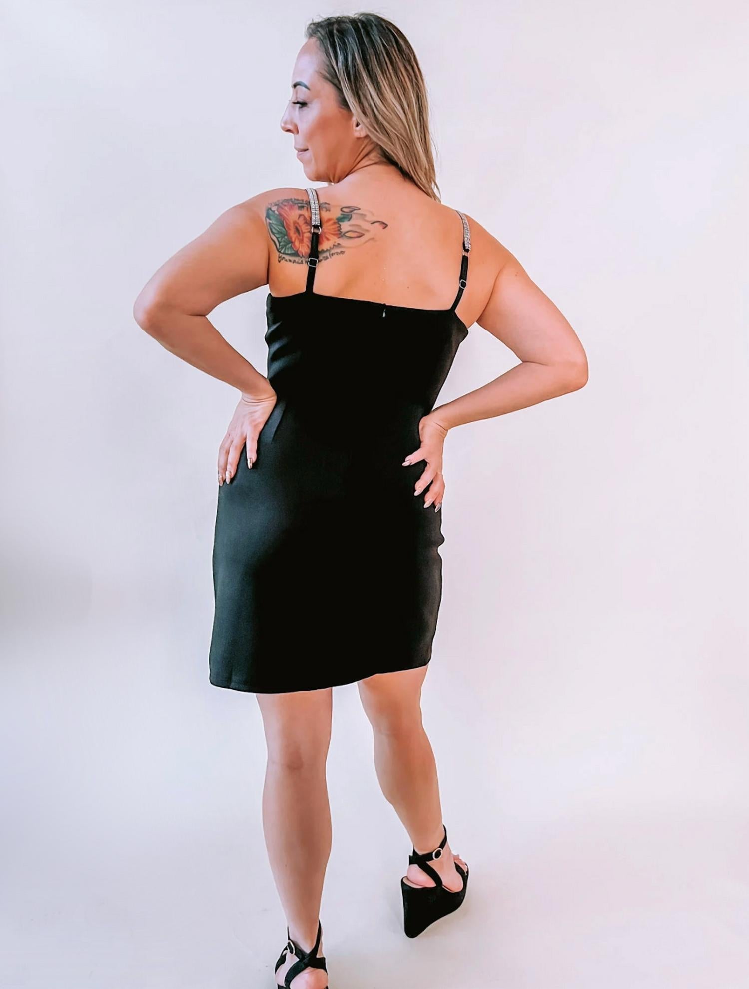 LENA Satin Mini Dress with Rhinestone Strap in black - women's dress - alternate view