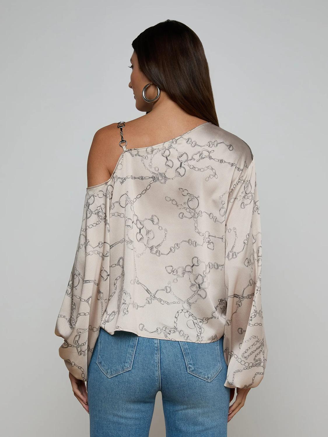 L'Agence Asami One Shoulder Blouse in soft macadamia multi small horsebit chain - women's blouse - alternate view