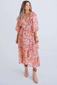 Karlie - Multi Abstract Vneck Ruffle Midi Dress