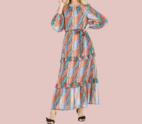 Joy Joy - Geo Stripe Ruffle Trim Column Dress