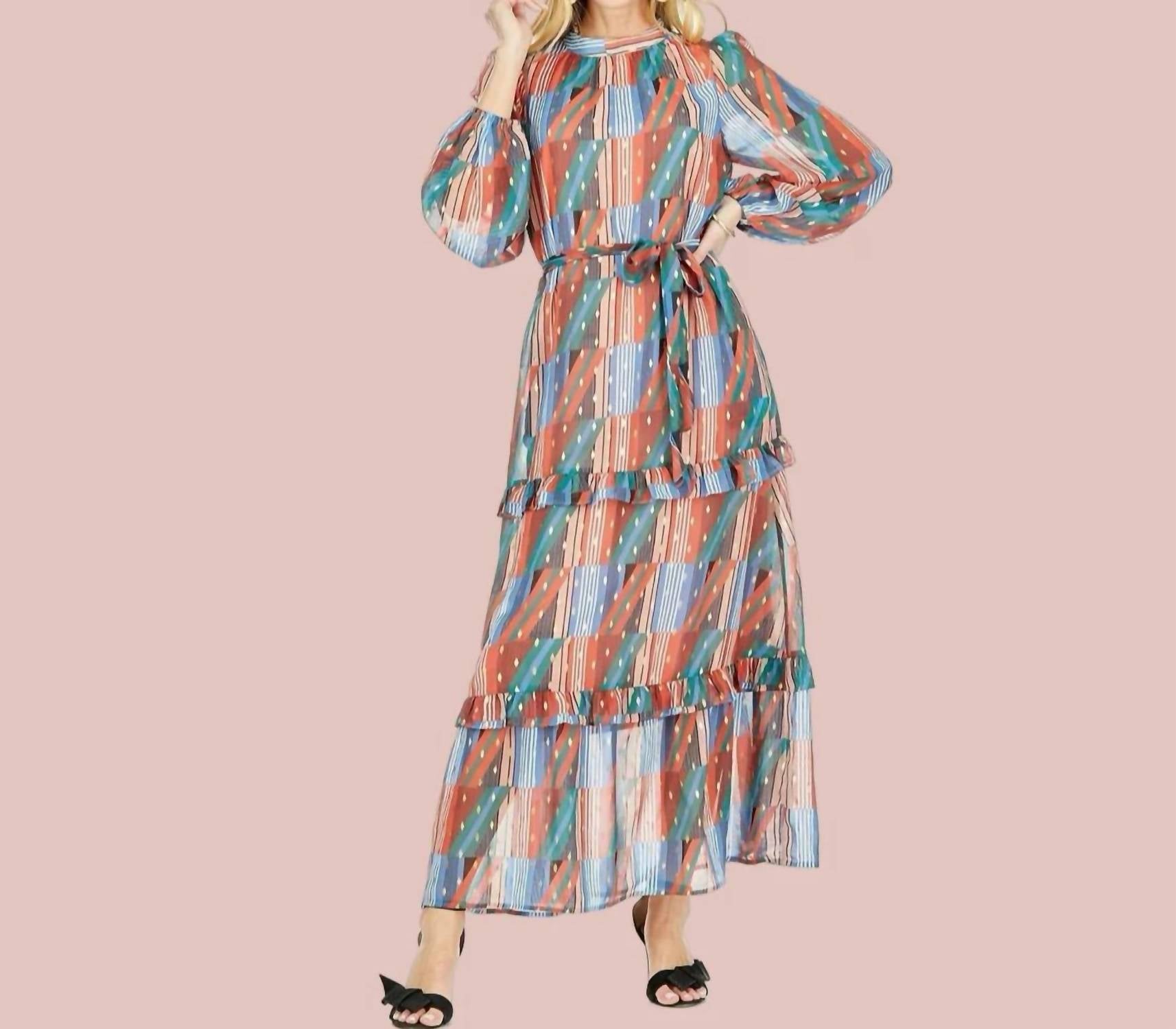 Joy Joy - Geo Stripe Ruffle Trim Column Dress