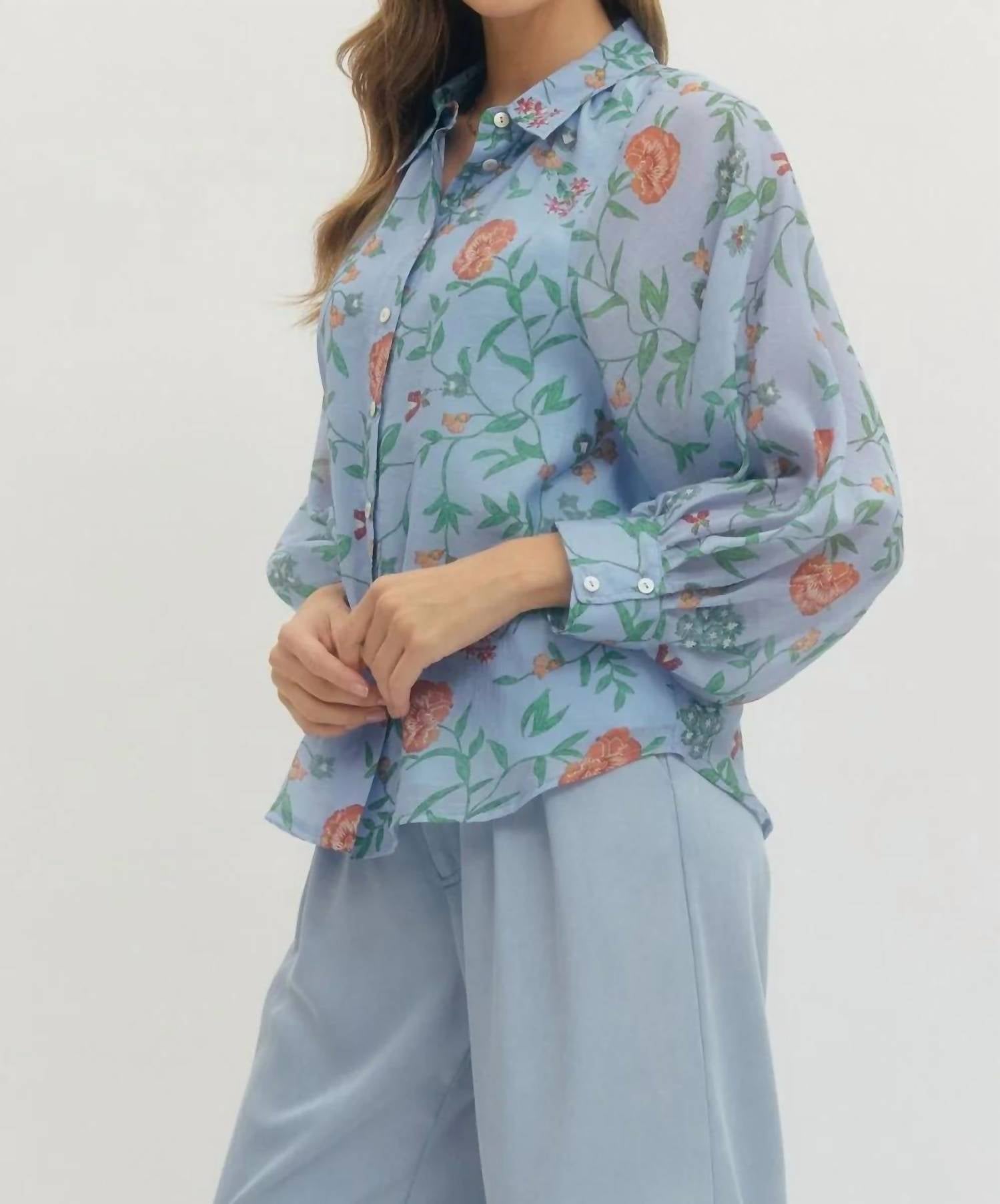 Entro - Women's Floral Print Long Sleeve Button Up Top