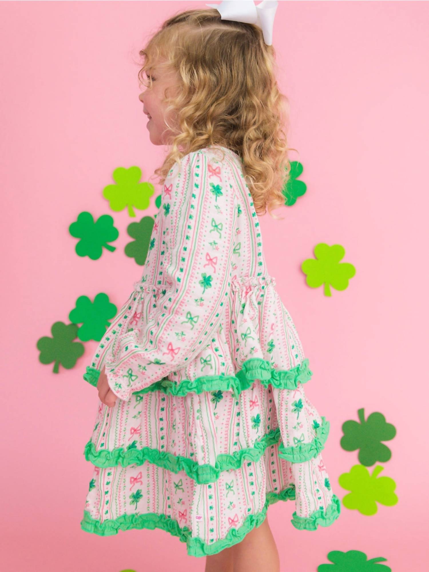RuffleButts Clover Bows & Wishes Gauze Tiered Ruffle Dress in pink - kids' dress - view 4