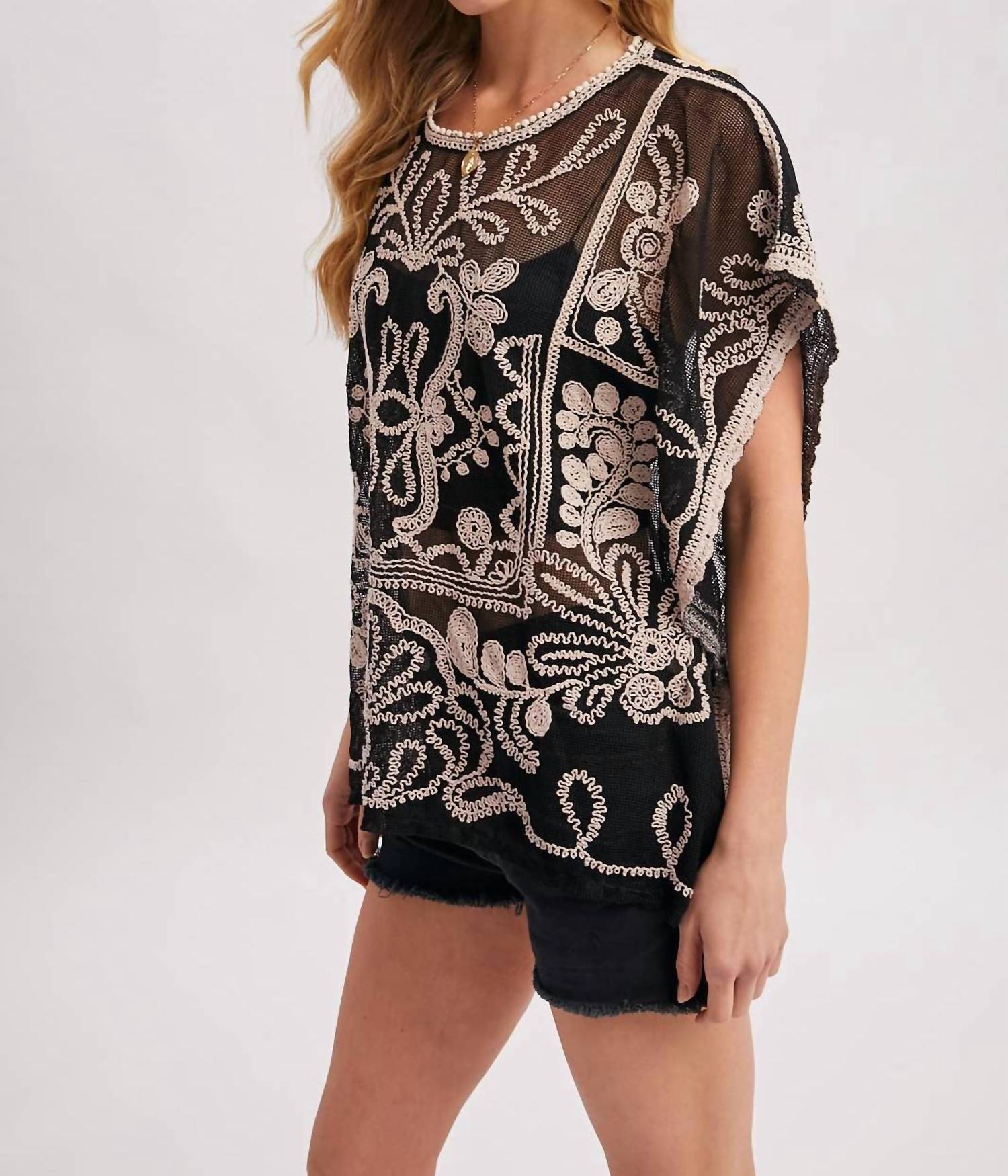 Bluivy - Embroidered Mesh Crochet Top