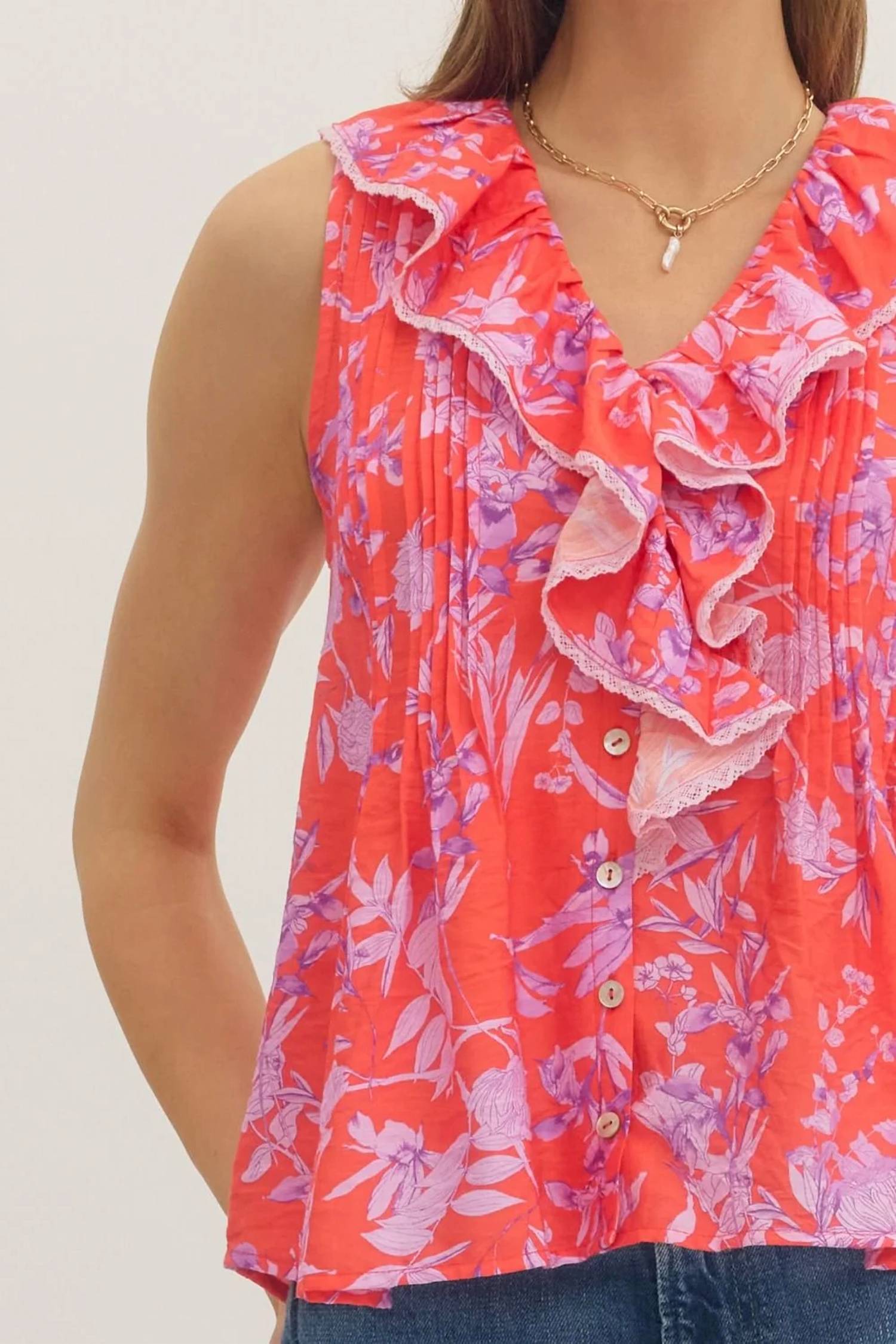 Entro - Botanical Ruffle V Neck Top