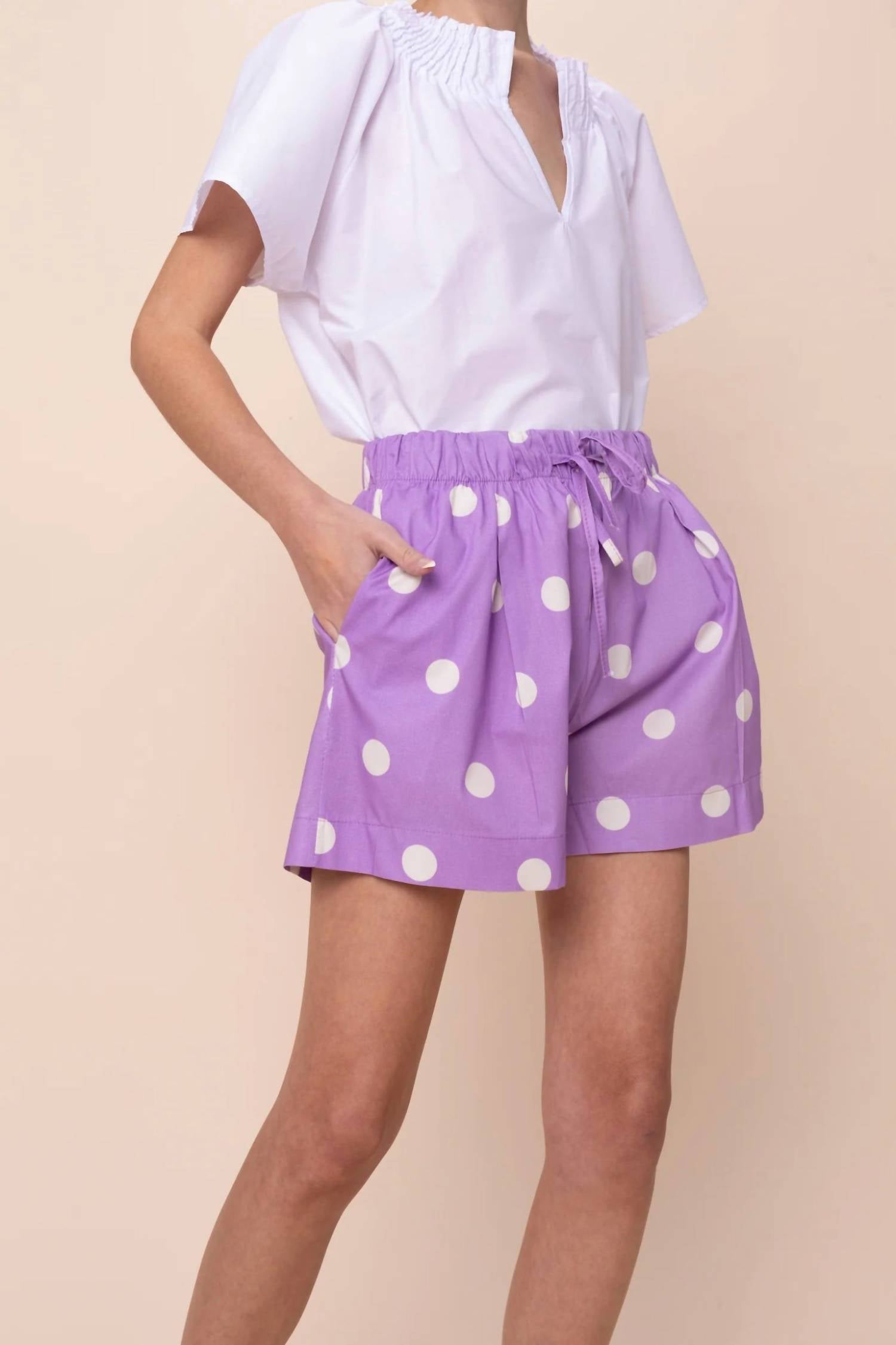 Sofia Reese Drawstring Cotton Shorts in freesia dots - women's shorts - detail view