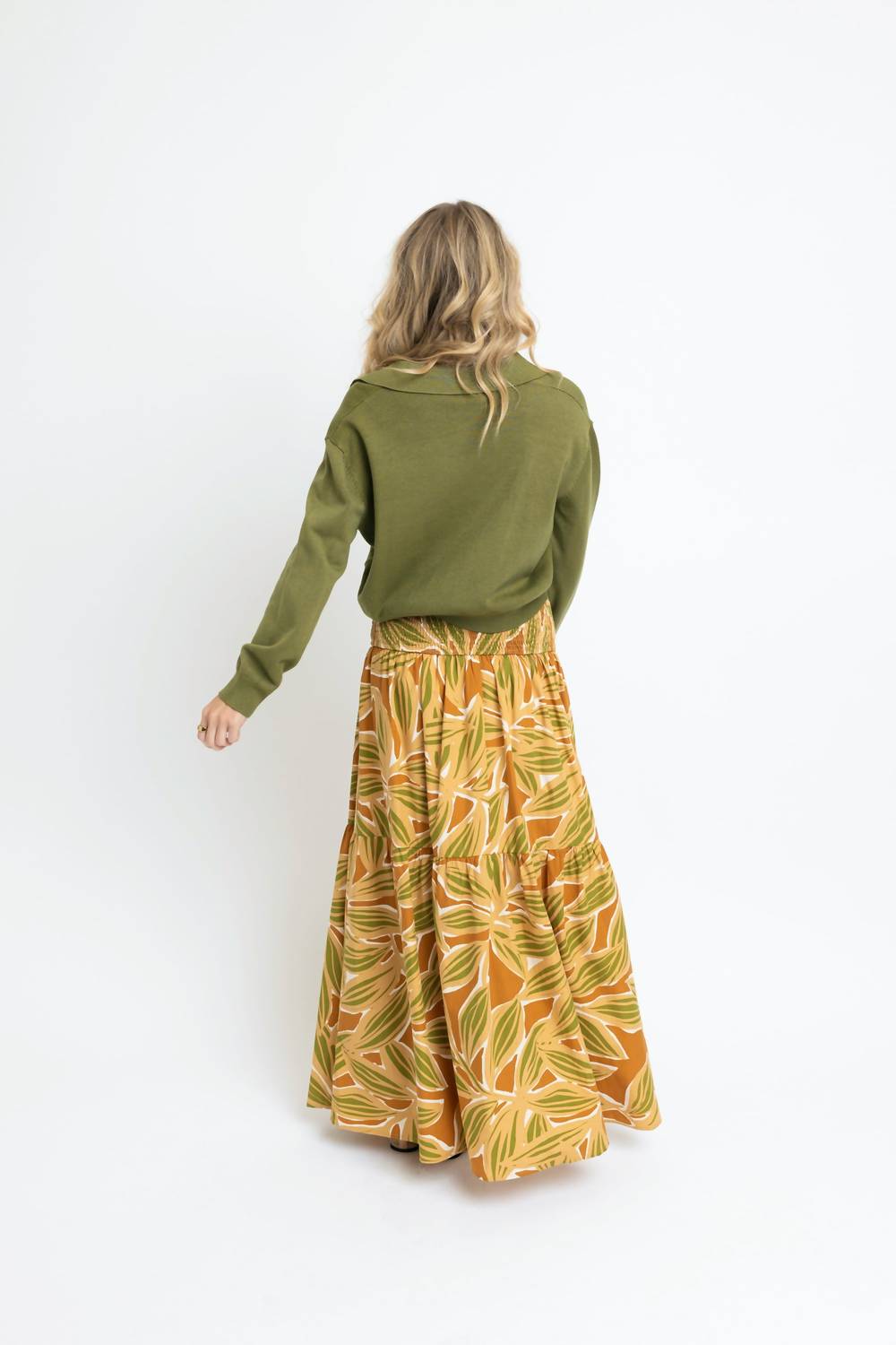 Karlie Desert Palm Smocked Maxi Skirt in tan - women's skirt - detail view