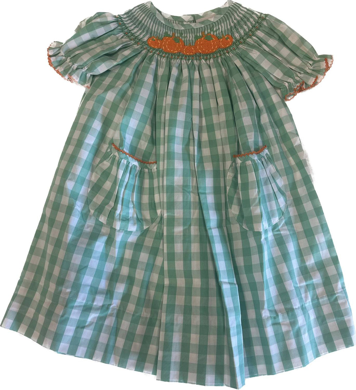 Delaney - Girl's Pumpkin Check Gingham Bishop Dress