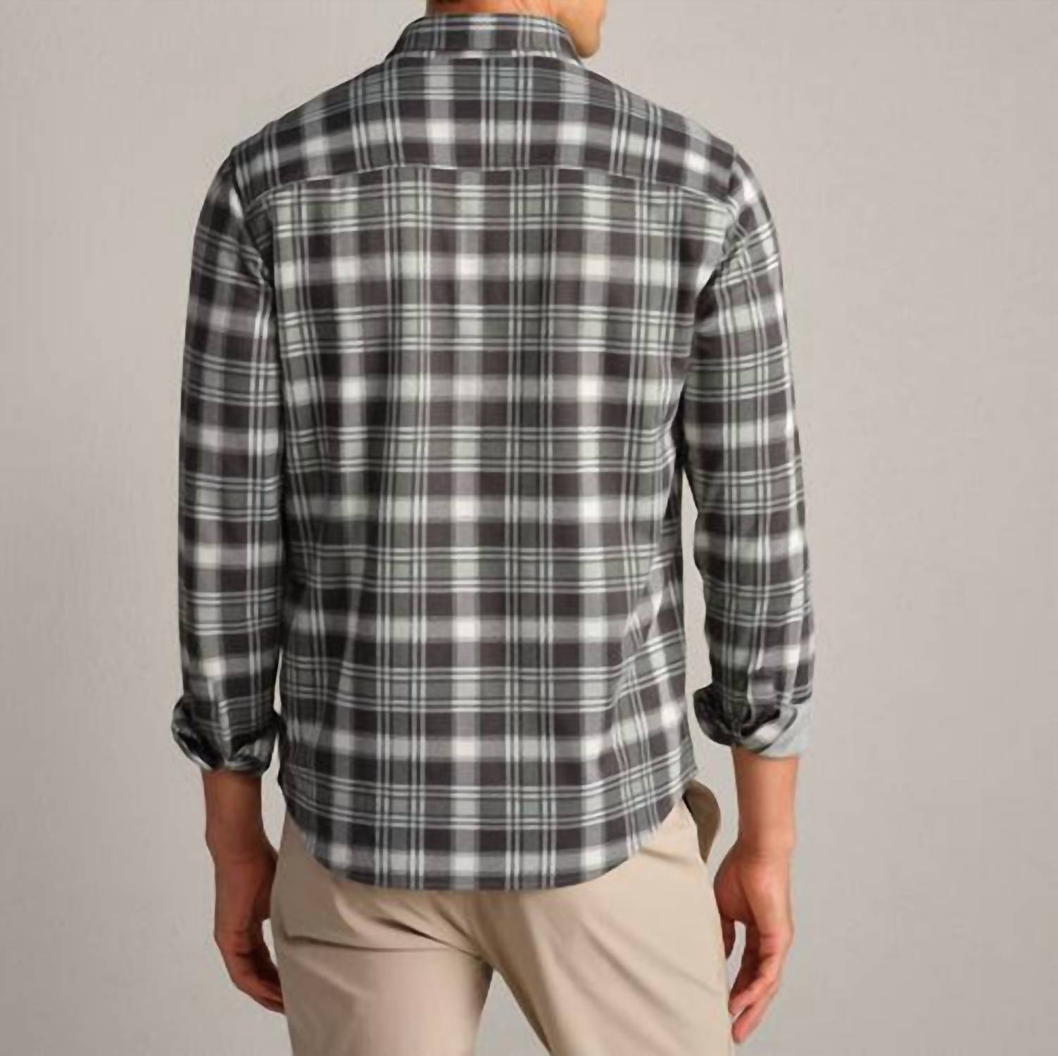 RHONE Hardy Flannel Long Sleeve Shirt in pine gray plaid - men's long sleeve top - detail view