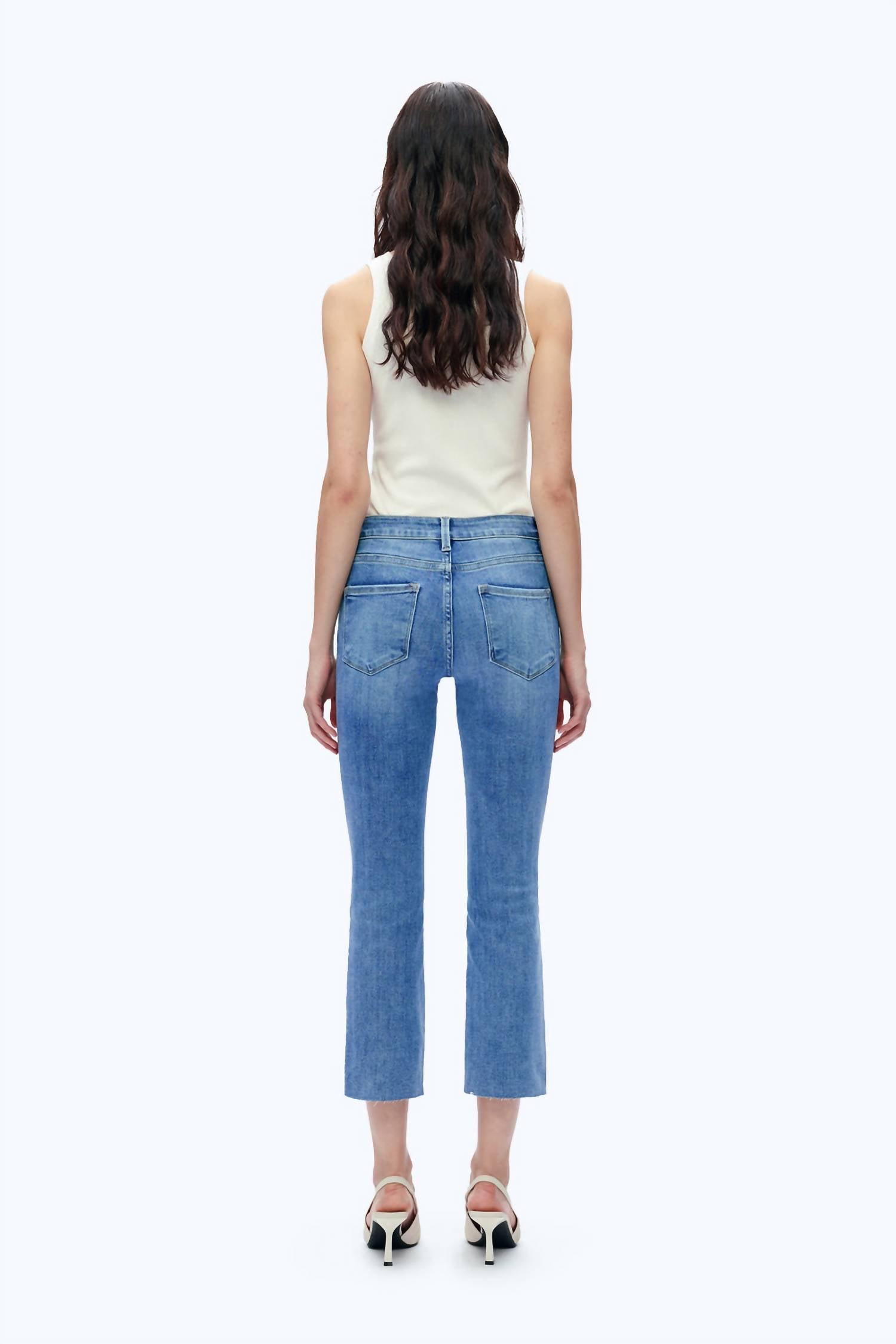 Bayeas Mid Rise Straight Raw Edge Jeans in medium blue - women's jeans - alternate view