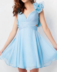 Jovani - Chiffon Ruffle Shoulders V-neck Short Dress