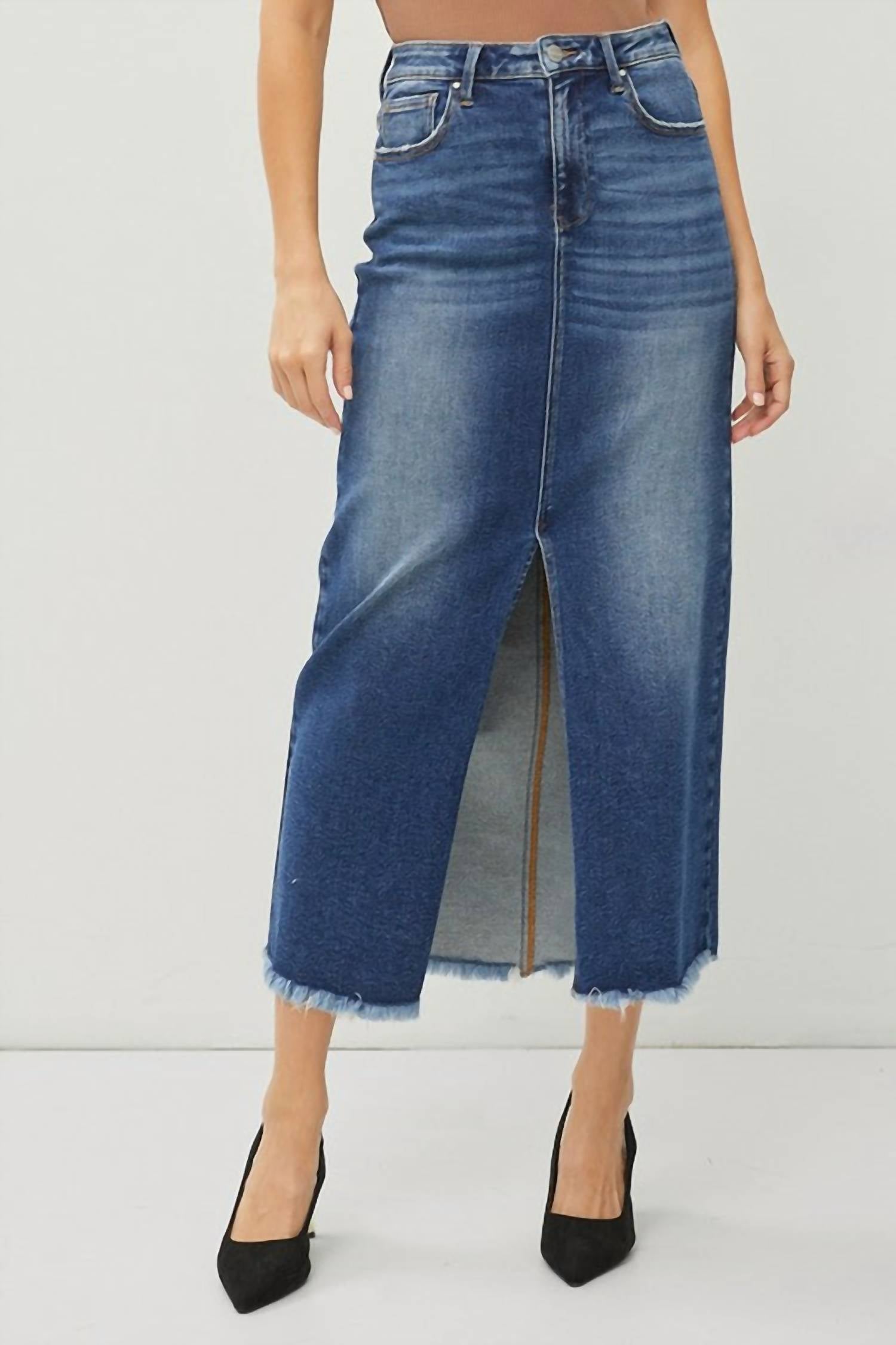 Risen - Super Stretchy High Rise Long Denim Skirt