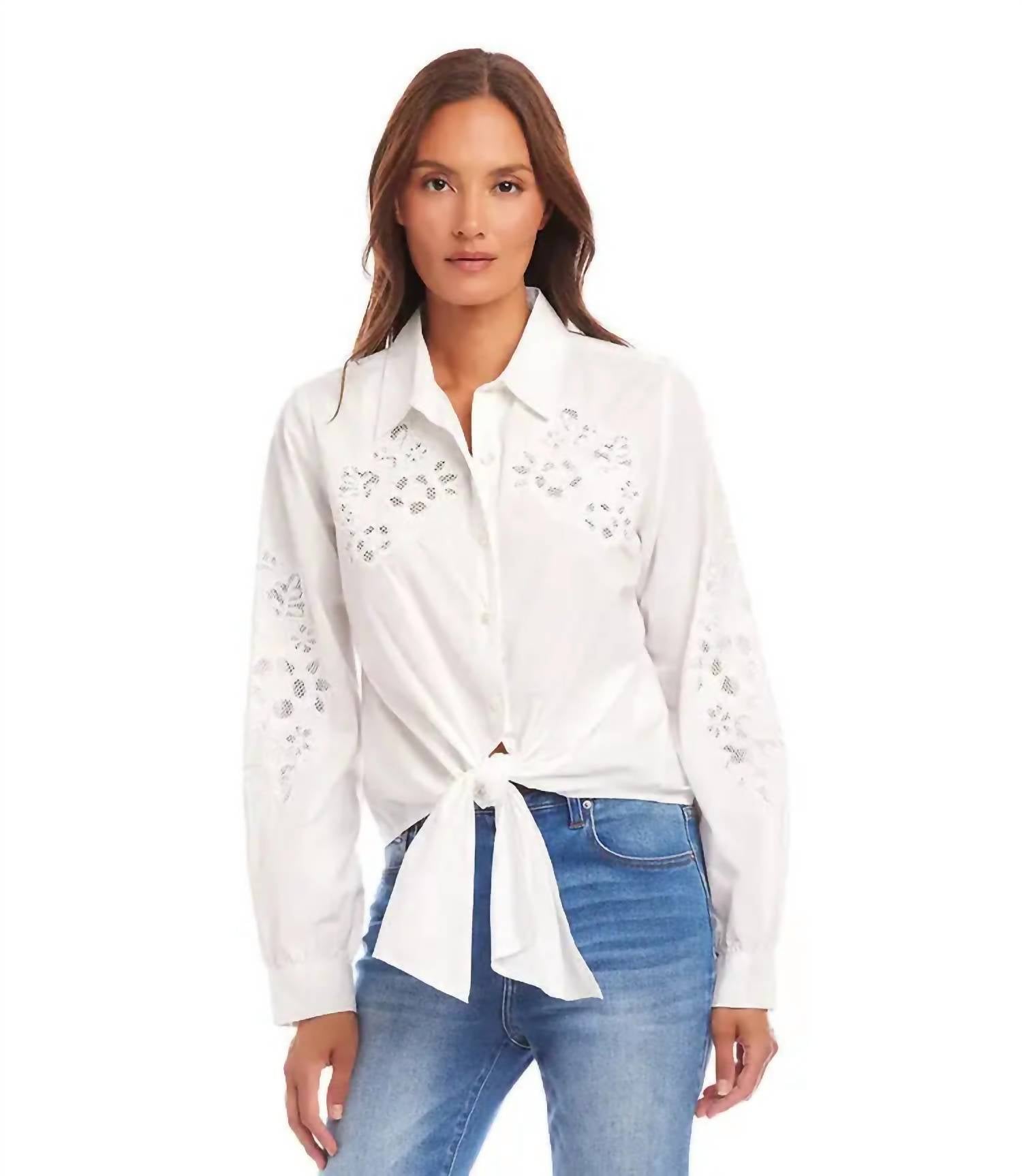 Karen Kane - Eleanor Embroidered Tie Front Top