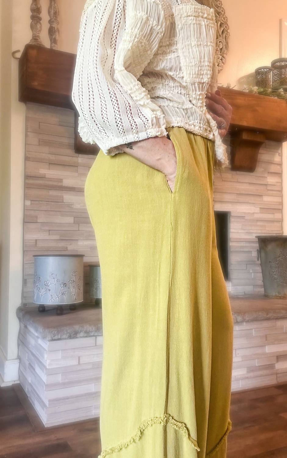 Easel - Crepe Ruffle Trim Palazzo Pants