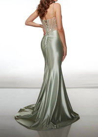ALYCE PARIS Long V-neckline Slit Mermaid Dress in celadon - women's dress - detail view