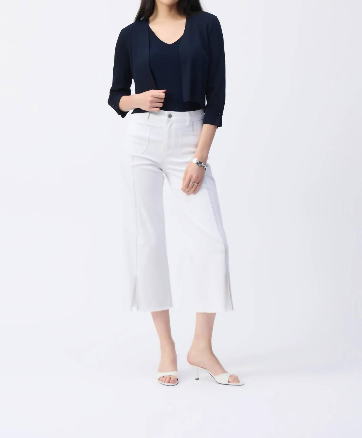Joseph Ribkoff Pearl Accent Three Quarter Sleeve Cropped Cardigan in midnight blue - women's cardigan - detail view