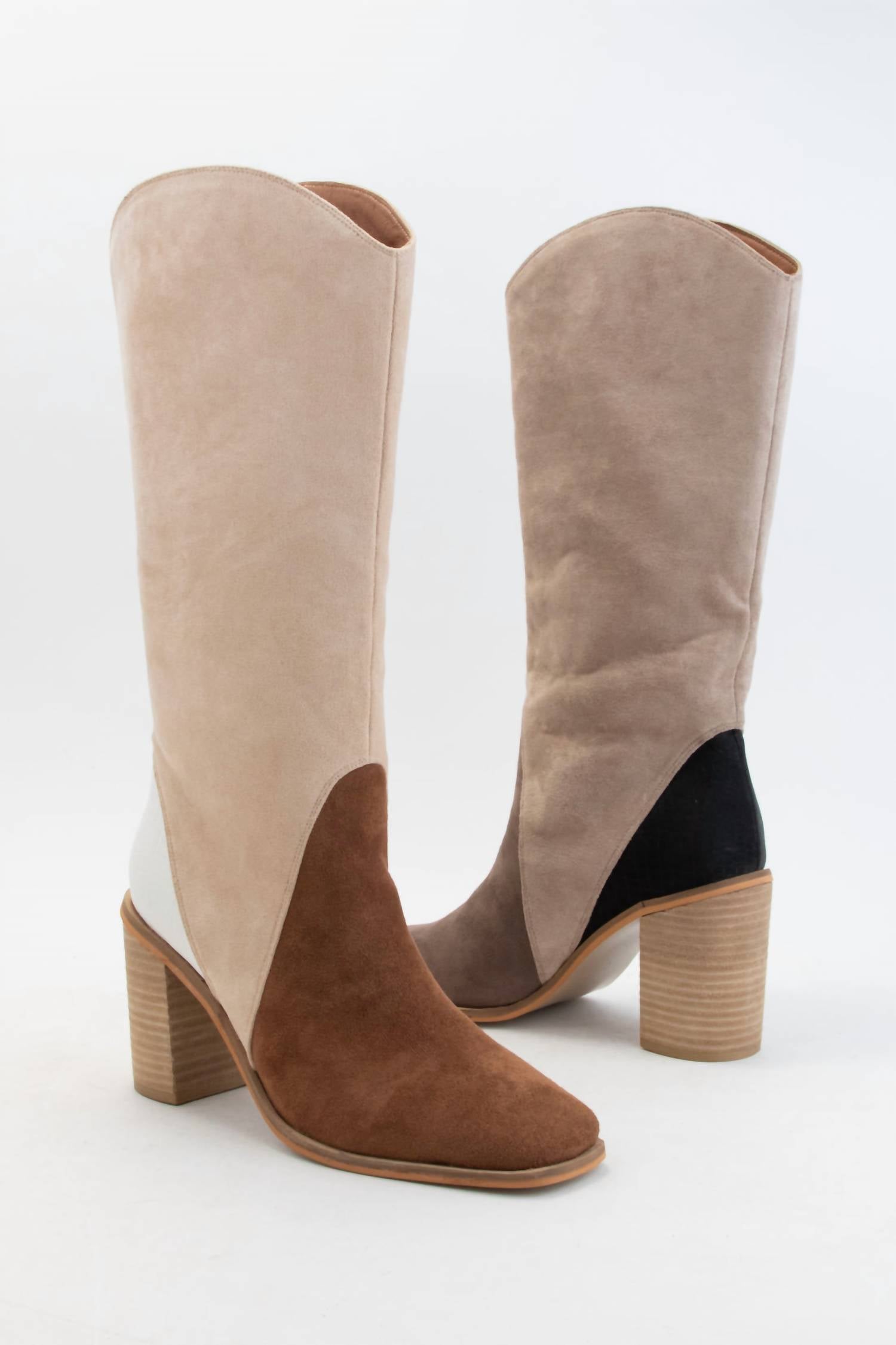 CCOCCI Women's Three Tone Color Block Heeled Boots in beige - women's shoe - detail view