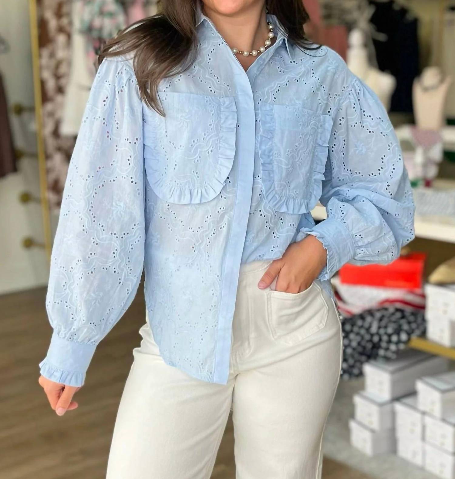 Listicle - Carolina Charm Eyelet Button Down Top