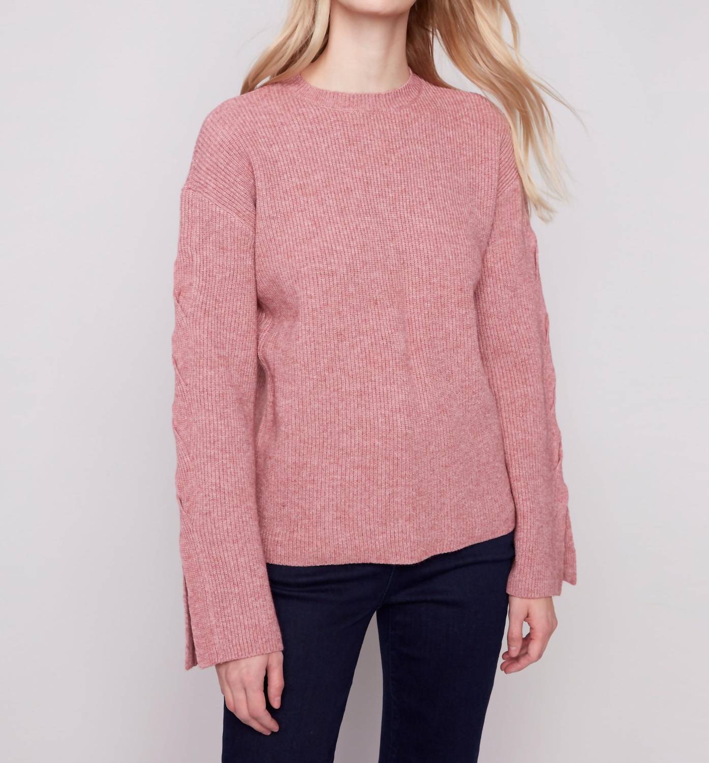 Charlie B - Crew Neck Sweater With Cable Sleeves