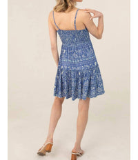 ANGIE V Neck Smocked Bodice Printed Dress in blue - women's dress - alternate view