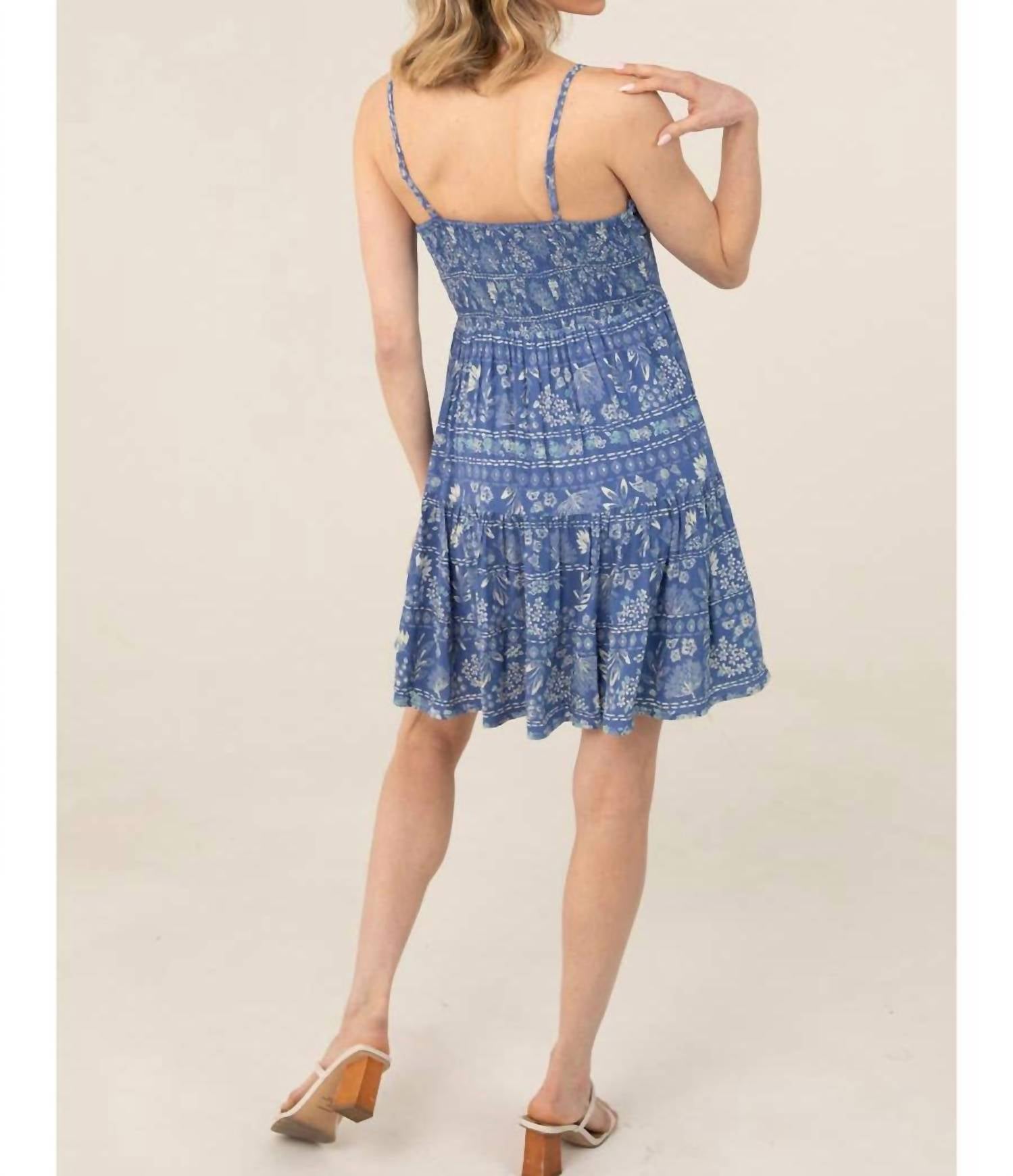 ANGIE V Neck Smocked Bodice Printed Dress in blue - women's dress - alternate view