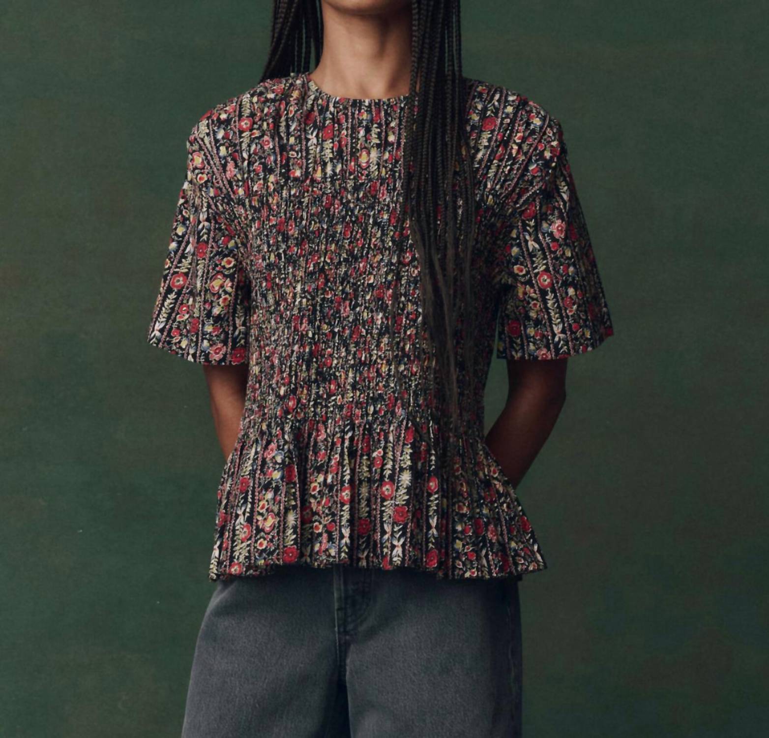THE GREAT. Smocked Flounce Top in garland print - women's blouse