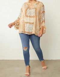 entro Mixed Print Bubble Sleeve Blouse - Plus in beige - women's blouse - view 5