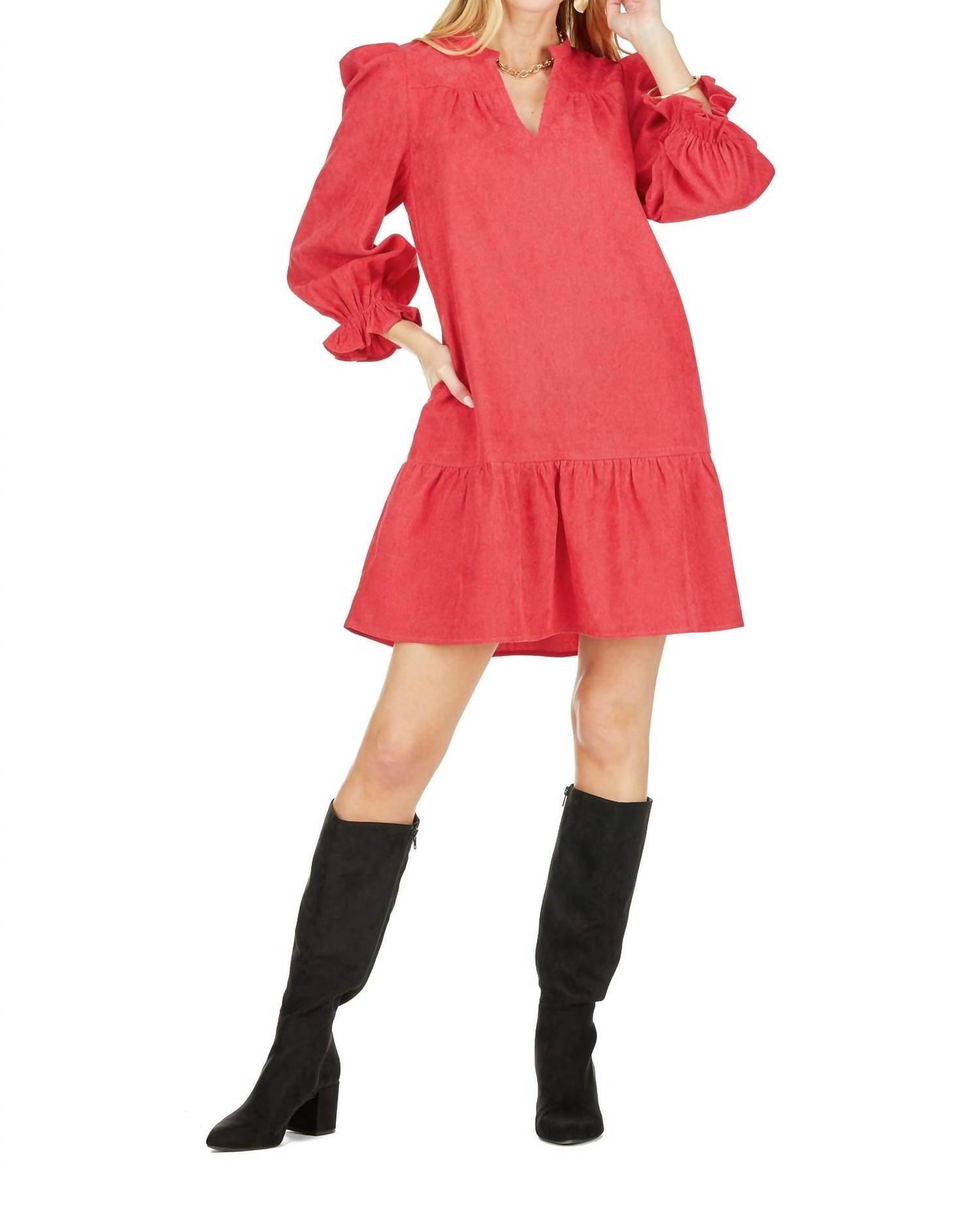 Joy Joy - Corduroy Flounce Long Sleeve Dress