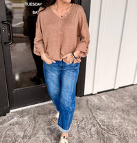 ee:some Coco Raw seamed Henley Sweater in beige - women's sweater - detail view