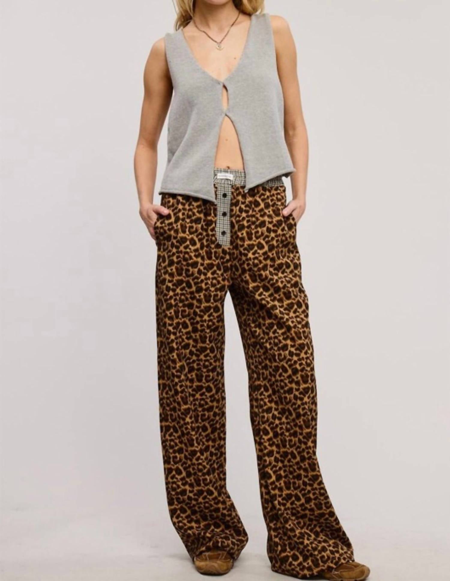 Mimosa Plaid Flannel Contrast Waistband Leopard Boxer Pant in grey - women's pants - view 4