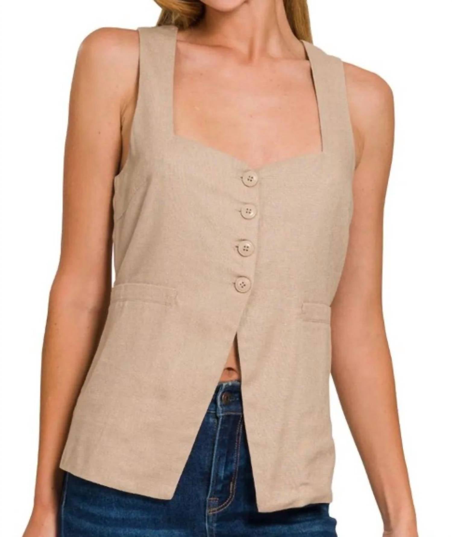 Zenana - Linen Tie-back 4-button Vest With Lining