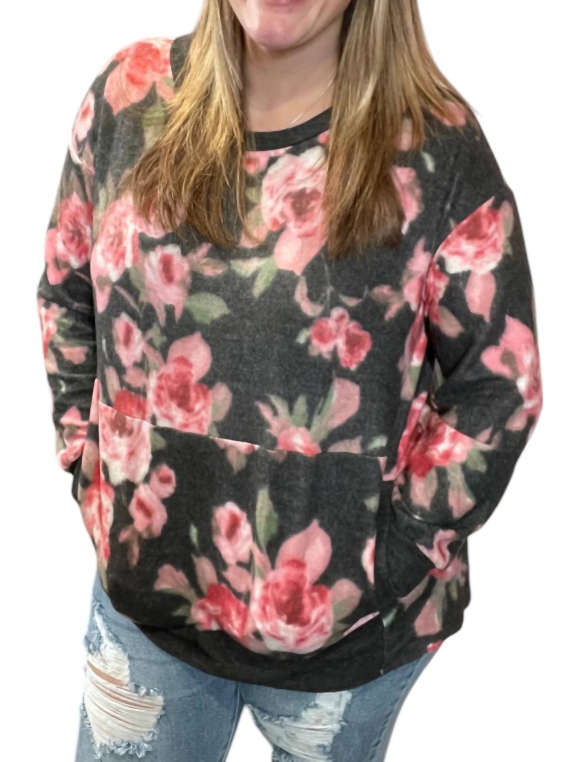 Honeyme - Floral Kangaroo Pocket Sweater