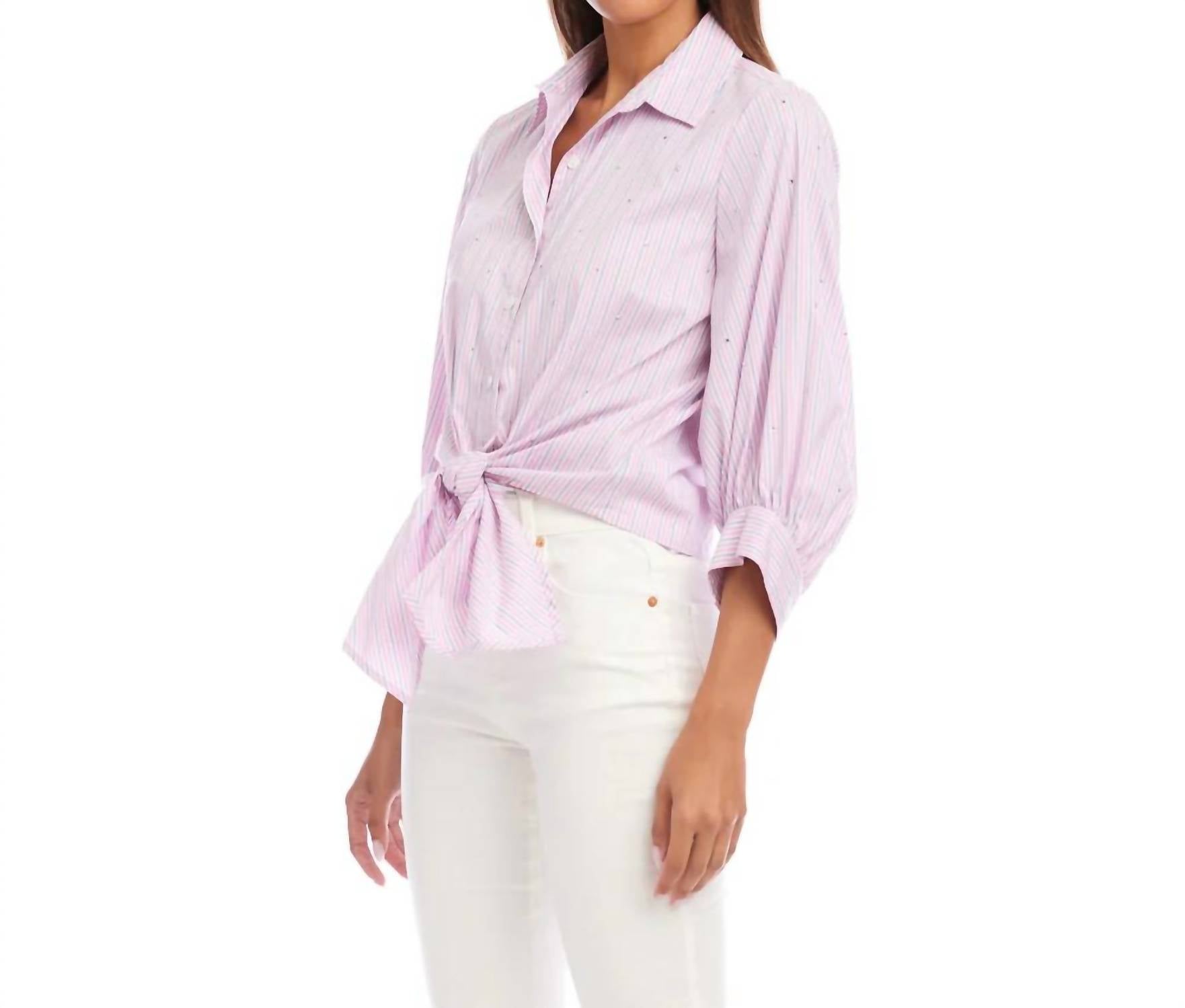 Karen Kane - Stripe Blouson Sleeve Embellished Tie-Front Top