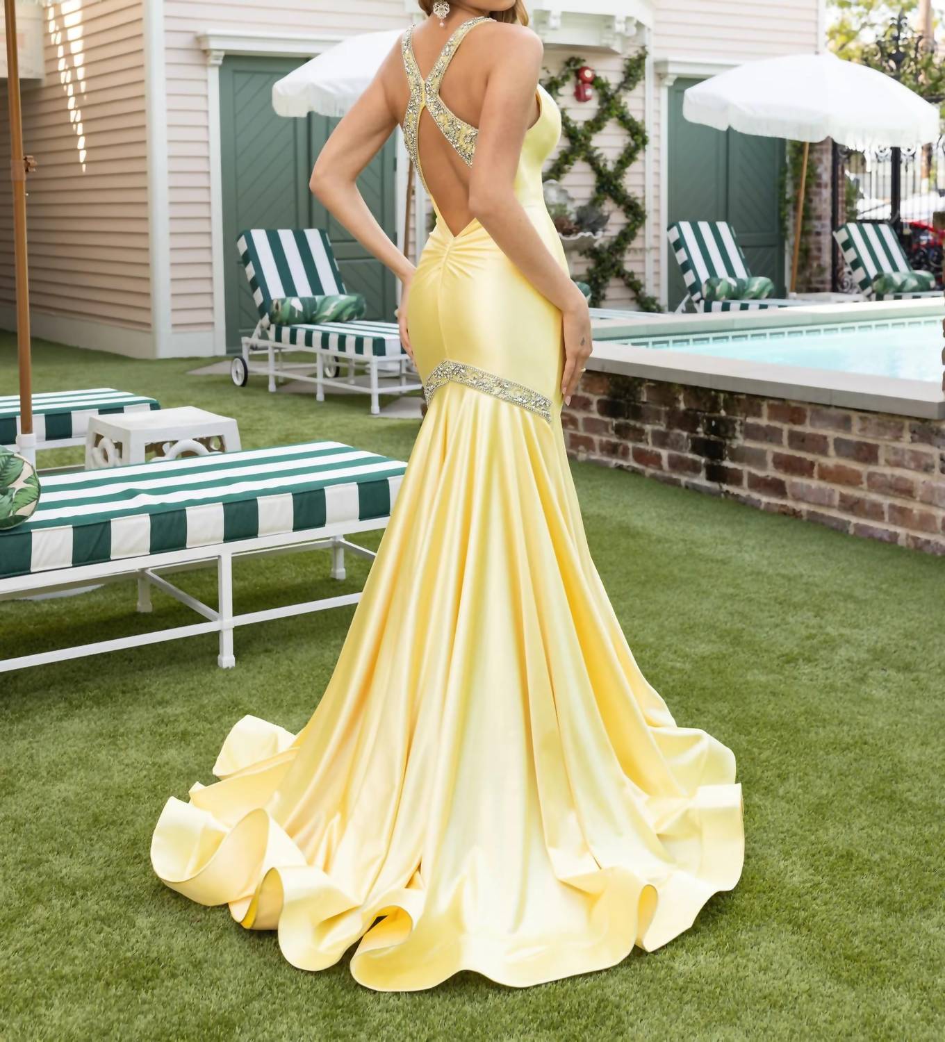 Rachel Allan Crystal-beaded Straps Dress in yellow - women's dress - detail view