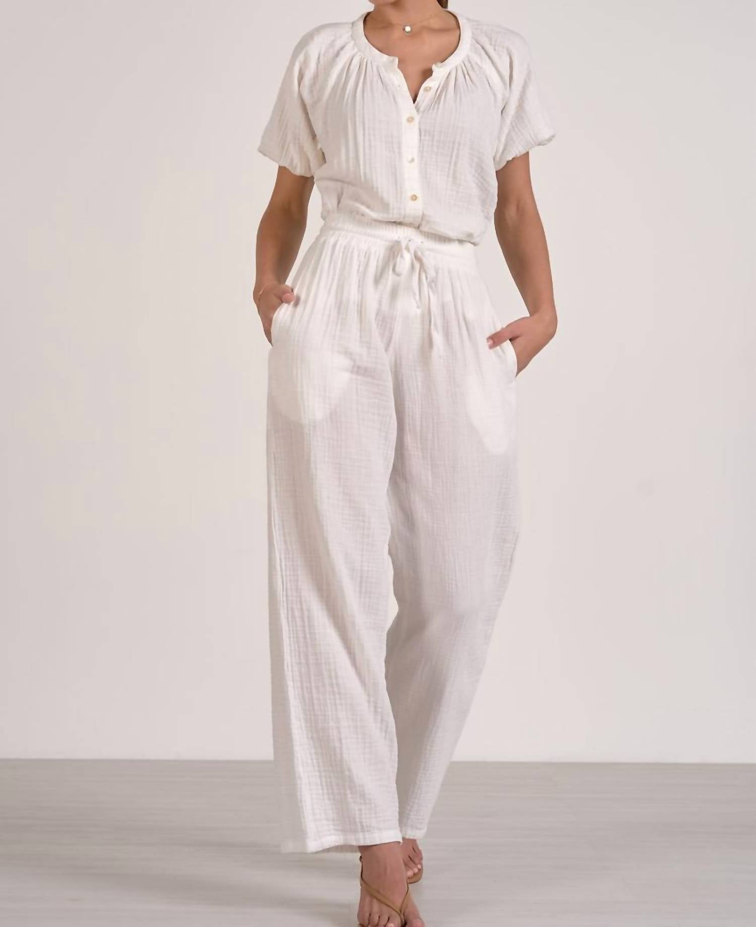 ELAN Gauze Smocked Pants in white - women's pants