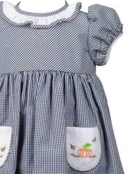 THE PROPER PEONY Girl's Paxton Pumpkin Dress in navy - kids' dress - detail view