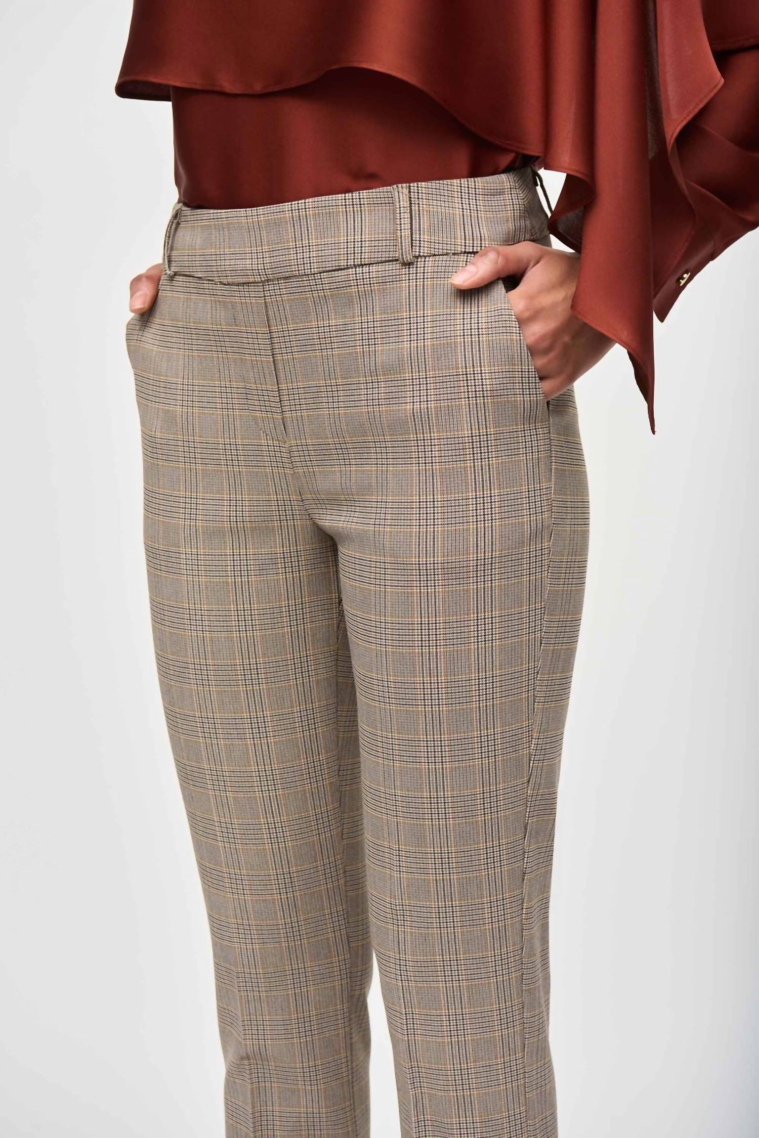 Joseph Ribkoff Pull On Straight Plaid Pant in beige multi - women's pants - detail view