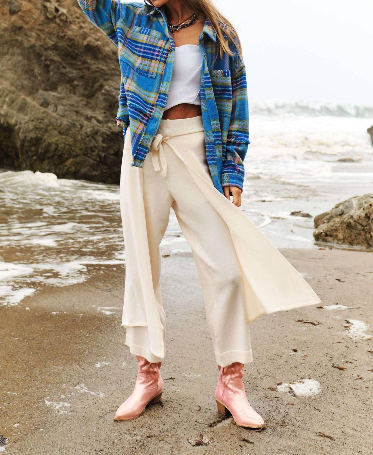 Davi & Dani - Multi Plaid Fringe Hem Shirt Jacket Shacket
