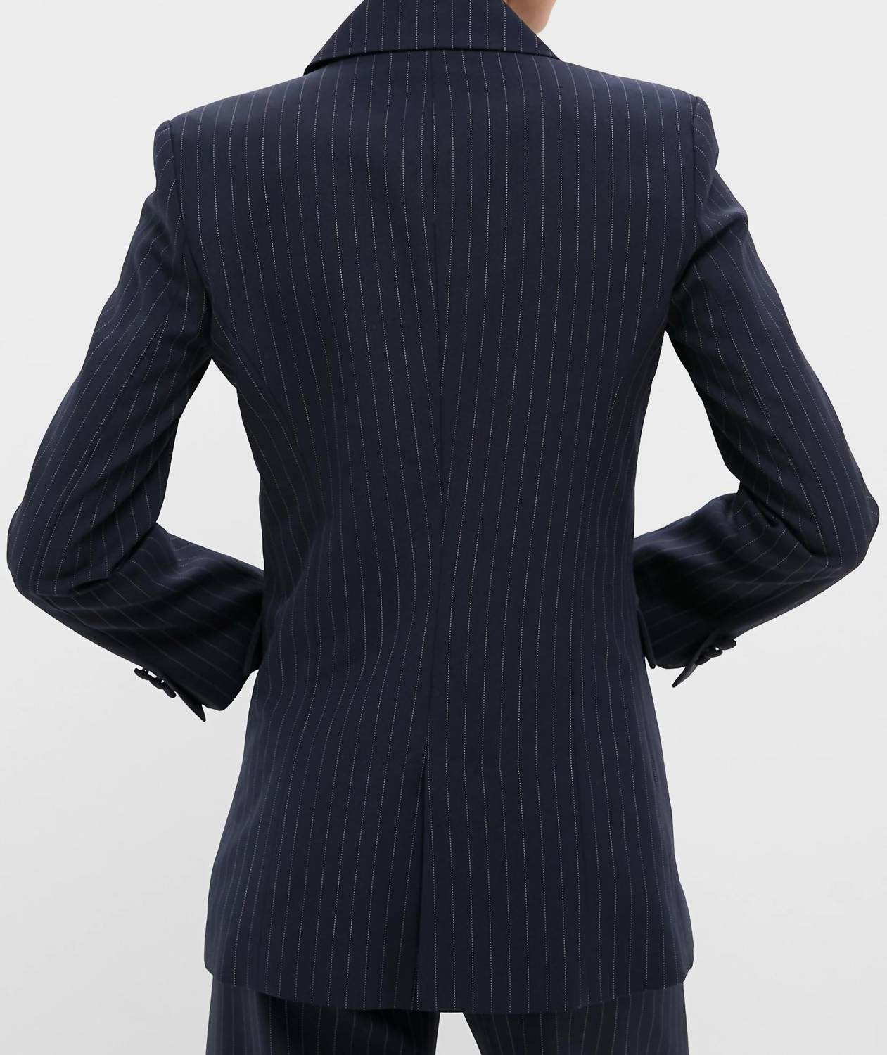 EMERSON FRY Strong Shoulder Blazer in navy pinstripe - women's jacket - alternate view