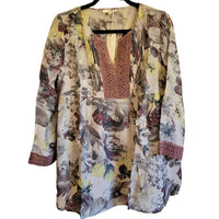 Mystree - Women's Long Sleeve Tunic Top Boho Floral Cottage Crochet Trim