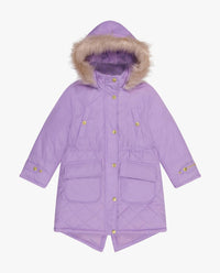 London Fog - Girls Zip-front Mid Cinch Quilted Parka With Fur Trimmed Hood
