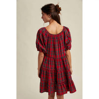 Wishlist - Gingham Puff Sleeve Tiered Mini Dress