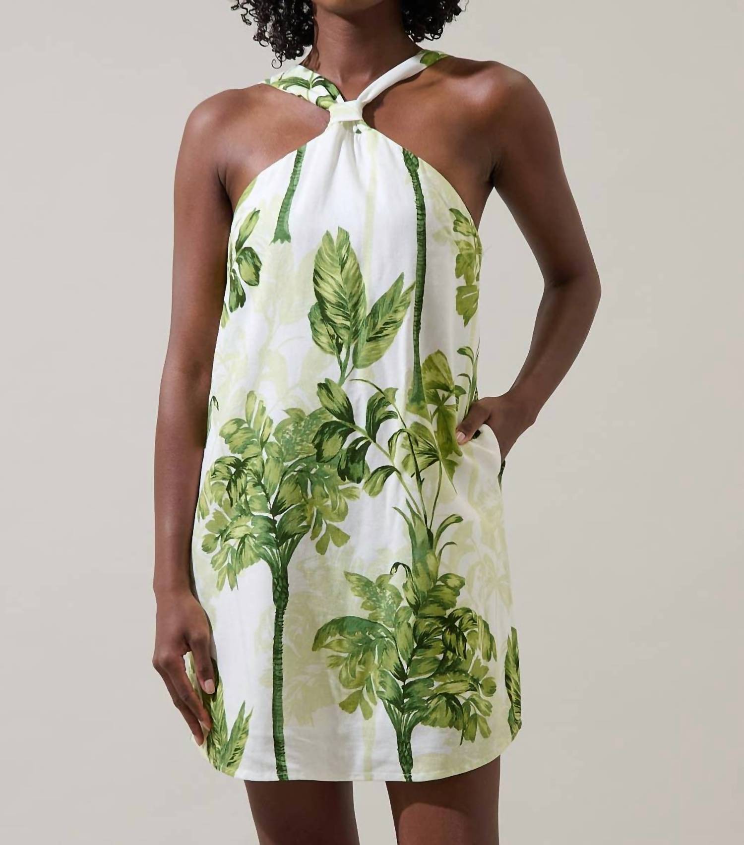 SUGARLIPS Palms Tropical Halter Mini Dress in cream green - women's dress - view 7
